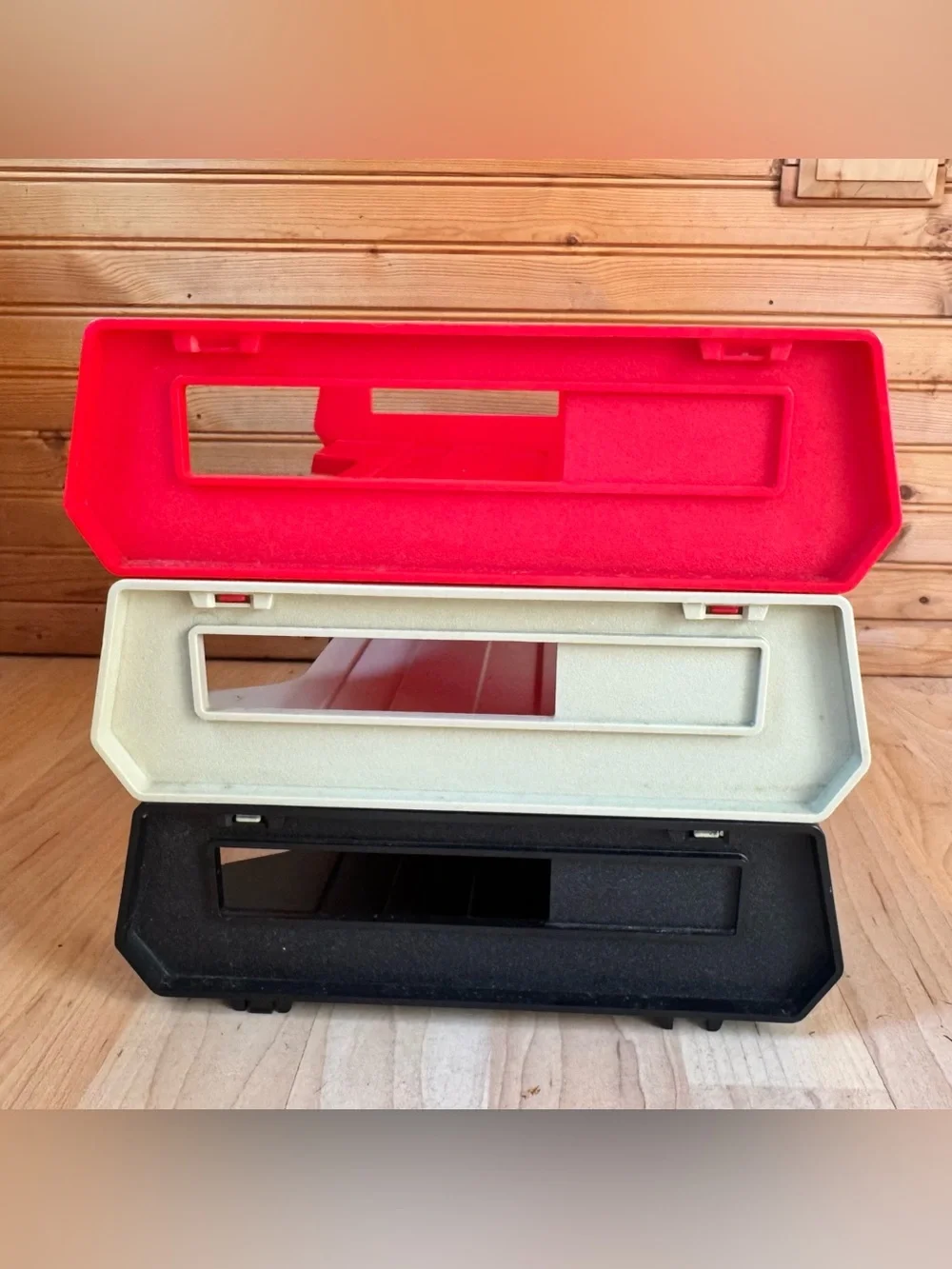 Vintage Office Trays Rogers Stackable Red Tan Black 70s Plastic Paper Sorter
